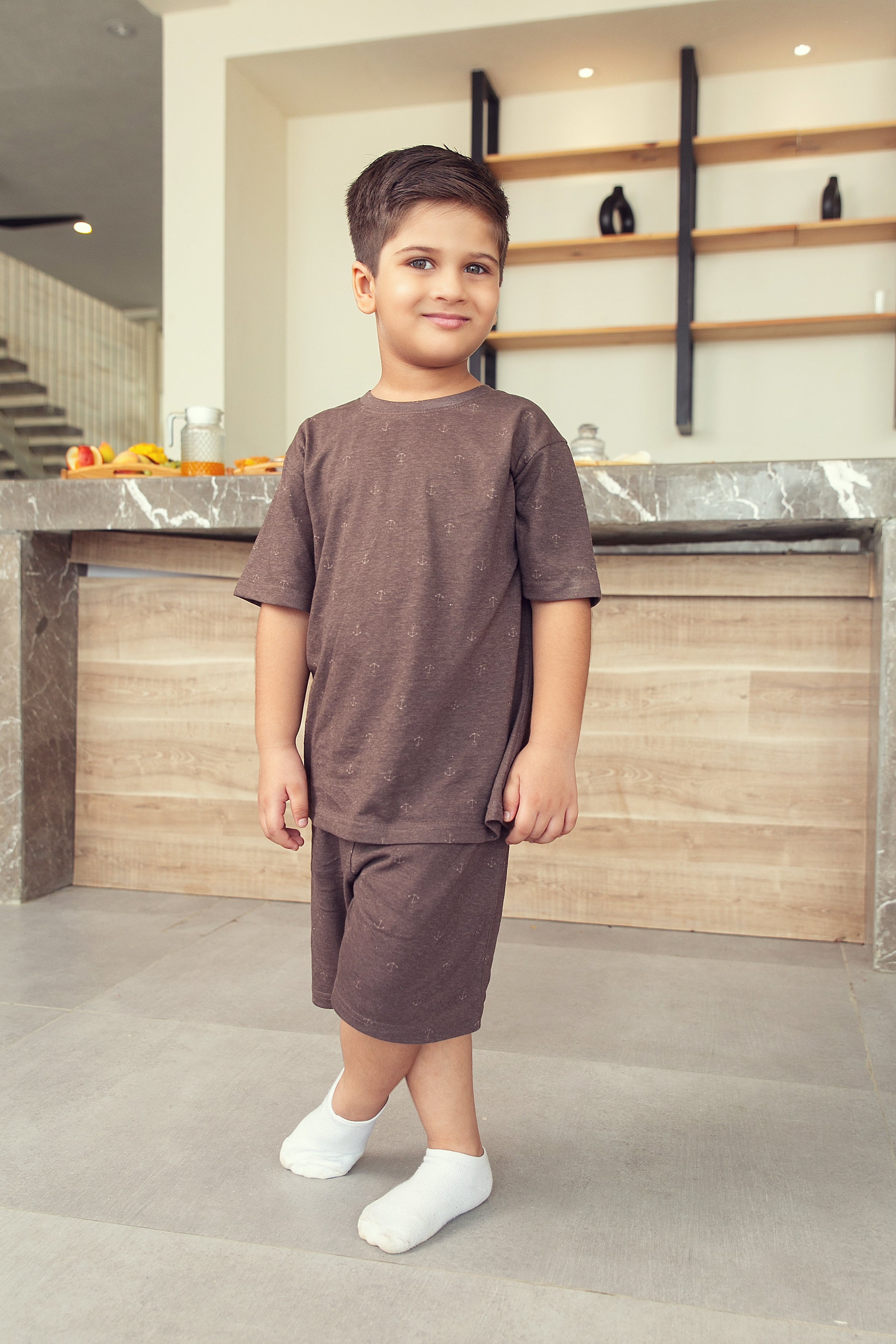 Brown Anchor Shorts Set - Boys